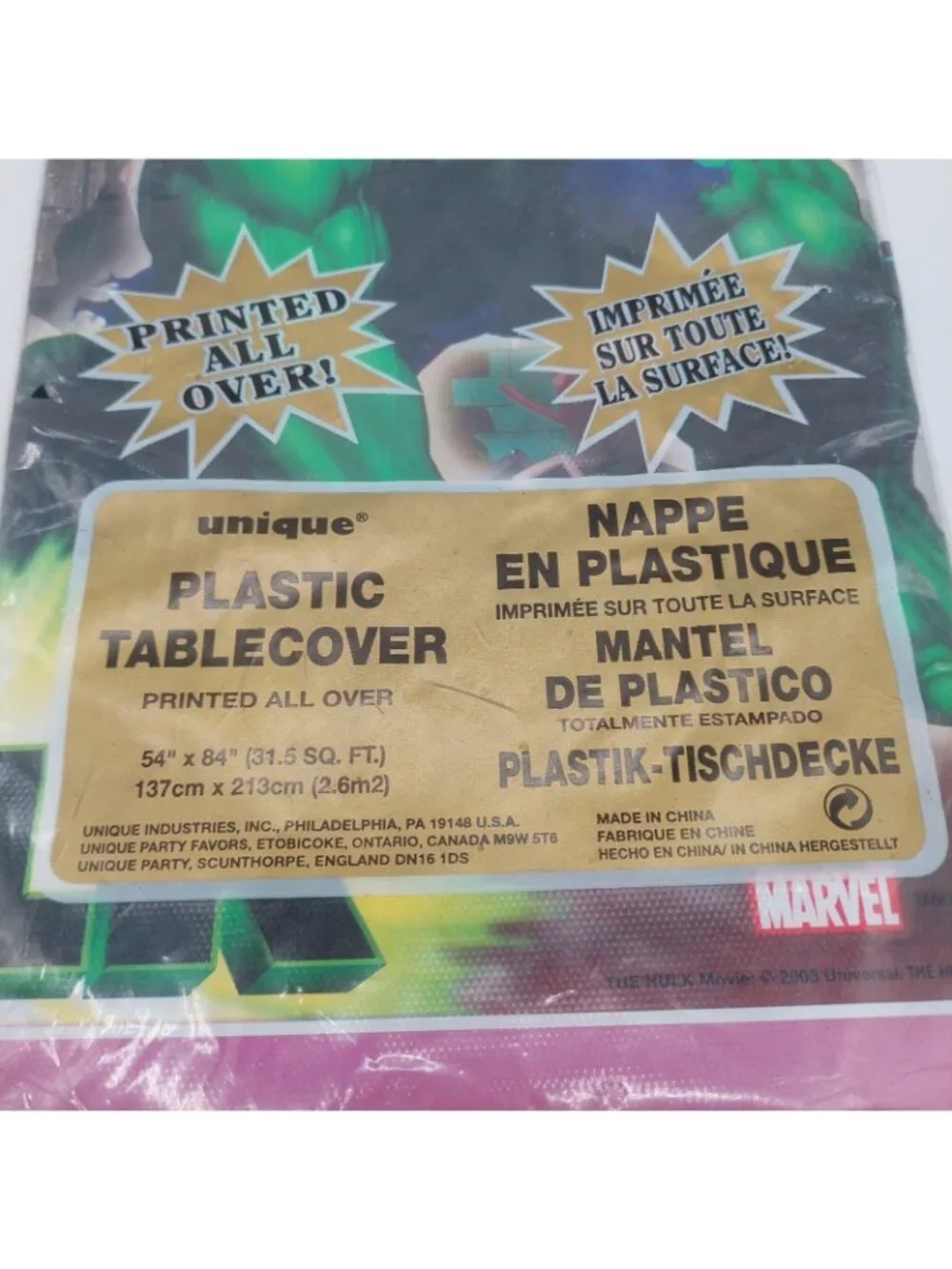 Marvel Incredible Hulk Birthday Party Rectangle Plastic Table Cover 54x84 2003